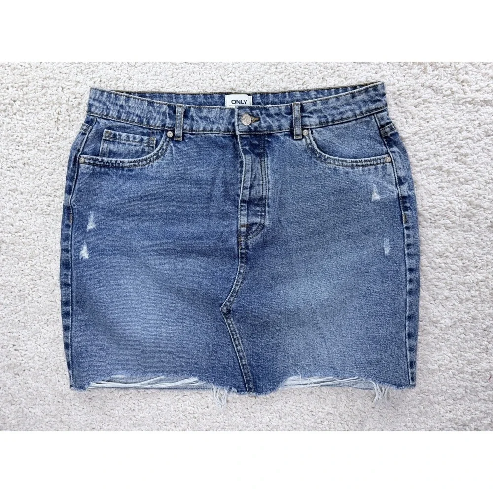 ONLY Denim Mini Skirt Womens 40 Light‎ Blue Excellent Distressed Frayed Hem